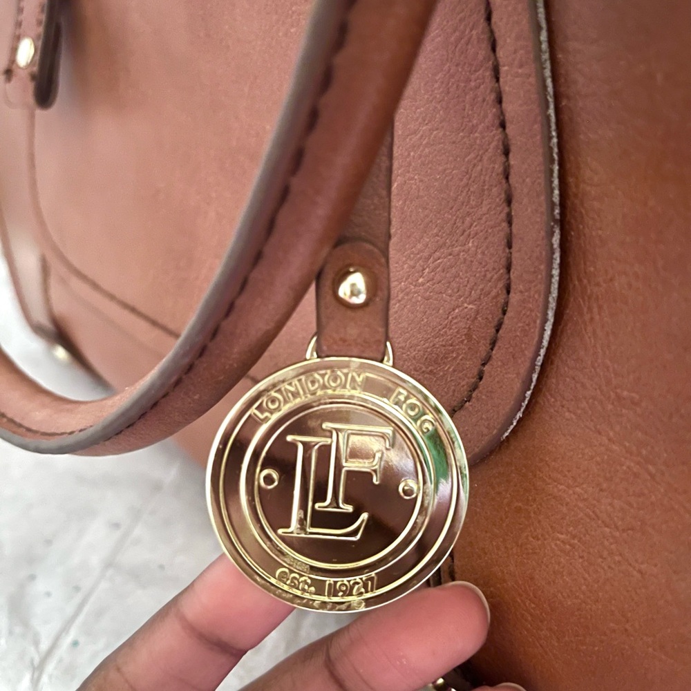 London Fog Brown Faux Leather Satchel Shoulder Bag Gold Tone Hardware Zip Pocket - Picture 3 of 9